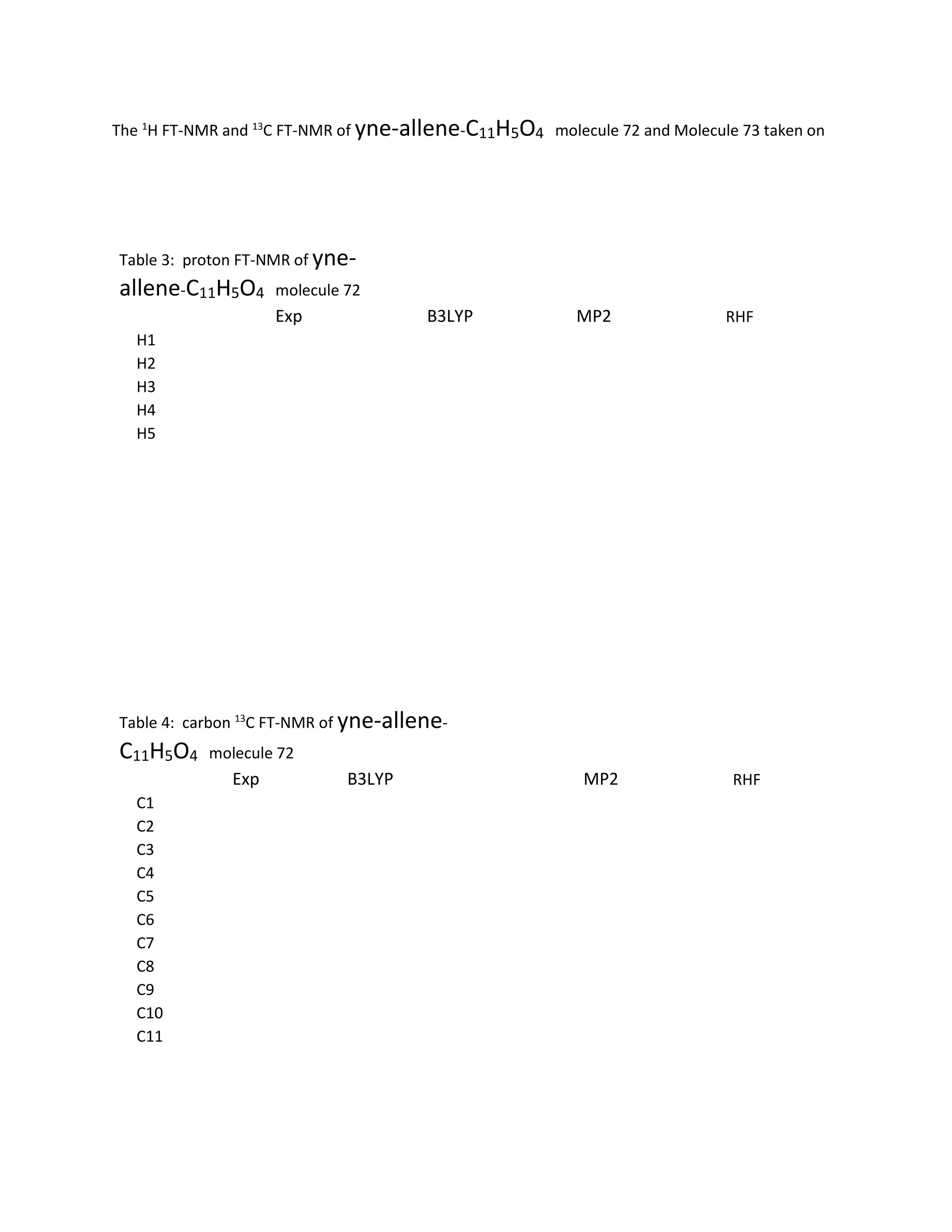The 1
H FT-NMR and 13
C FT-NMR of yne-allene-C11H5O4 molecule 72 and Molecule 73 taken on
Table 3: proton FT-NMR of yne-
allene-C11H5O4 molecule 72
Exp B3LYP MP2 RHF
H1
H2
H3
H4
H5
Table 4: carbon 13
C FT-NMR of yne-allene-
C11H5O4 molecule 72
Exp B3LYP MP2 RHF
C1
C2
C3
C4
C5
C6
C7
C8
C9
C10
C11
 
