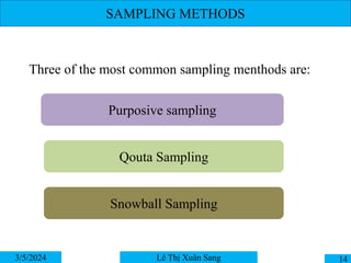 SAMPLING METHODS
3/5/2024 14
Lê Thị Xuân Sang
Three of the most common sampling menthods are:
Purposive sampling
Qouta Sampling
Snowball Sampling
 