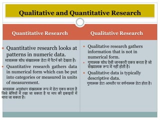 Quantitative Research Qualitative Research
 Quantitative research looks at
patterns in numeric data.
मात्रात्मक िोध संख्यात्मक डेटा में पैटनभ को देखता है।
 Quantitative research gathers data
in numerical form which can be put
into categories or measured in units
of measurement.
मात्रात्मक अनुसंधान संख्यात्मक रूप में डेटा एकत्र करता है
वजसे श्रेवणयों में रखा जा सकता है या माप की इकाइयों में
मापा जा सकता है।
 Qualitative research gathers
information that is not in
numerical form.
 िुणात्मक िोध ऐसी जानकारी एकत्र करता है जो
संख्यात्मक रूप में नहीं होती है।
 Qualitative data is typically
descriptive data.
िुणात्मक डेटा आमतौर पर िणभनात्मक डेटा होता है।
Qualitative and Quantitative Research
 