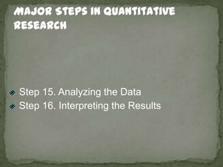 Major Steps in Quantitative Research<br /> Step 15. Analyzing the Data<br /> Step 16. Interpreting the Results<br />