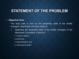 STATEMENT OF THE PROBLEM
• Objective form
The study tries to find out the leadership skills of the middle
managers. Specifically, the study seeks to:
1. Determine the leadership skills of the middle managers of the
Manpower Corporation in terms of:
1.1 human relation;
1.2 technical;
1.3 administrative; and
1.4 instructional skills?
 