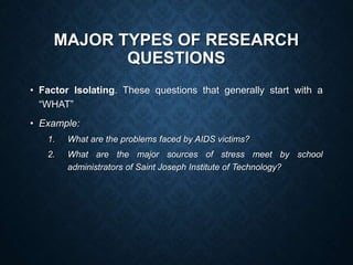 MAJOR TYPES OF RESEARCH
QUESTIONS
• Factor Isolating. These questions that generally start with a
“WHAT”
• Example:
1. What are the problems faced by AIDS victims?
2. What are the major sources of stress meet by school
administrators of Saint Joseph Institute of Technology?
 
