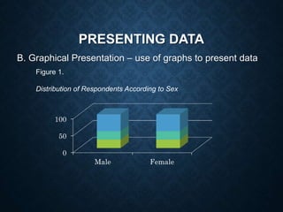 PRESENTING DATA
B. Graphical Presentation – use of graphs to present data
Figure 1.
Distribution of Respondents According to Sex
0
50
100
Male Female
 