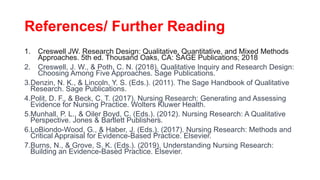 References/ Further Reading
1. Creswell JW. Research Design: Qualitative, Quantitative, and Mixed Methods
Approaches. 5th ed. Thousand Oaks, CA: SAGE Publications; 2018
2. Creswell, J. W., & Poth, C. N. (2018). Qualitative Inquiry and Research Design:
Choosing Among Five Approaches. Sage Publications.
3.Denzin, N. K., & Lincoln, Y. S. (Eds.). (2011). The Sage Handbook of Qualitative
Research. Sage Publications.
4.Polit, D. F., & Beck, C. T. (2017). Nursing Research: Generating and Assessing
Evidence for Nursing Practice. Wolters Kluwer Health.
5.Munhall, P. L., & Oiler Boyd, C. (Eds.). (2012). Nursing Research: A Qualitative
Perspective. Jones & Bartlett Publishers.
6.LoBiondo-Wood, G., & Haber, J. (Eds.). (2017). Nursing Research: Methods and
Critical Appraisal for Evidence-Based Practice. Elsevier.
7.Burns, N., & Grove, S. K. (Eds.). (2019). Understanding Nursing Research:
Building an Evidence-Based Practice. Elsevier.
 