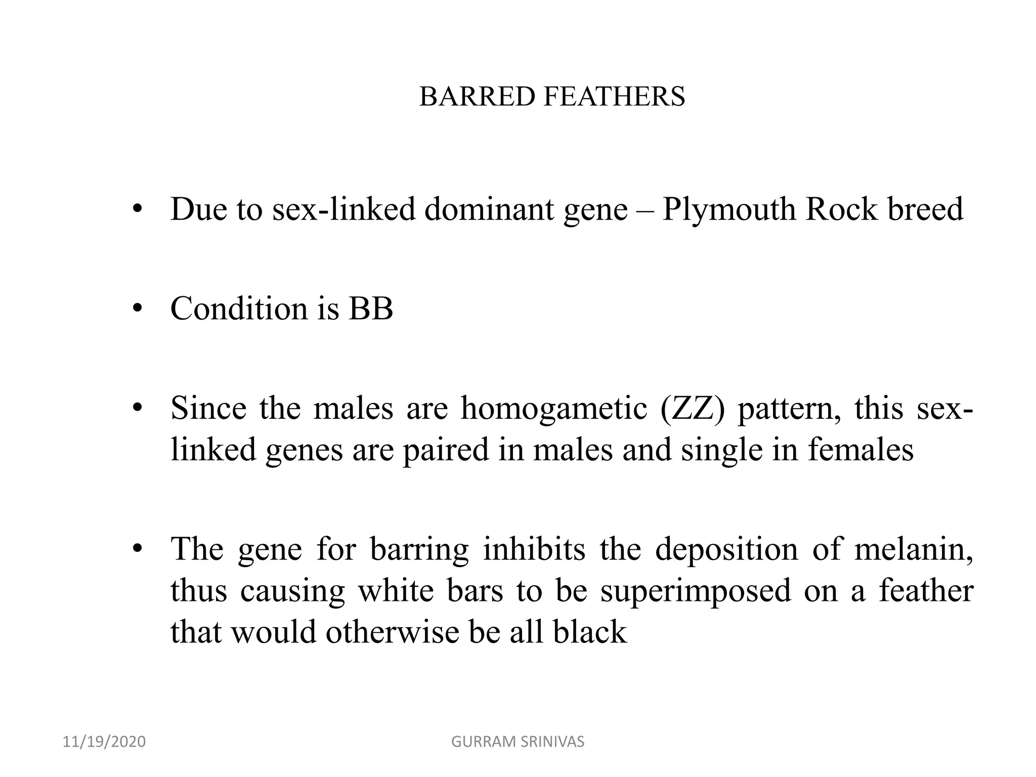 BARRED FEATHERS
• Due to sex-linked dominant gene – Plymouth Rock breed
• Condition is BB
• Since the males are homogametic (ZZ) pattern, this sex-
linked genes are paired in males and single in females
• The gene for barring inhibits the deposition of melanin,
thus causing white bars to be superimposed on a feather
that would otherwise be all black
11/19/2020 GURRAM SRINIVAS
 