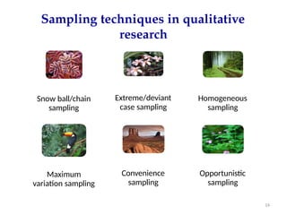 Sampling techniques in qualitative
research
Snow ball/chain
sampling
Extreme/deviant
case sampling
Homogeneous
sampling
Maximum
variation sampling
Convenience
sampling
Opportunistic
sampling
14
 