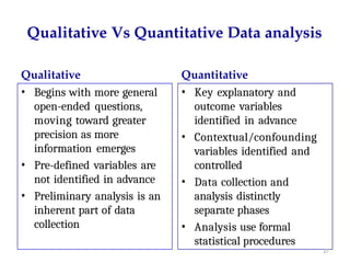 Qualitative Vs Quantitative Data analysis
Qualitative
• Begins with more general
open-ended questions,
moving toward greater
precision as more
information emerges
• Pre-defined variables are
not identified in advance
• Preliminary analysis is an
inherent part of data
collection
Quantitative
• Key explanatory and
outcome variables
identified in advance
• Contextual/confounding
variables identified and
controlled
• Data collection and
analysis distinctly
separate phases
• Analysis use formal
statistical procedures
27
 