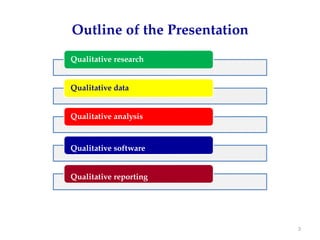 Outline of the Presentation
Qualitative research
Qualitative data
Qualitative analysis
Qualitative software
Qualitative reporting
3
 