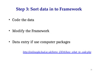 36
Step 3: Sort data in to Framework
• Code the data
• Modify the Framework
• Data entry if use computer packages
http://onlineqda.hud.ac.uk/Intro_QDA/how_what_to_code.php
 
