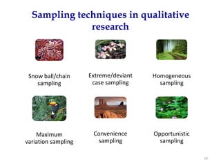 Sampling techniques in qualitative
              research



 Snow ball/chain     Extreme/deviant    Homogeneous 
    sampling          case sampling       sampling




    Maximum           Convenience       Opportunistic 
variation sampling     sampling           sampling

                                                         14
 