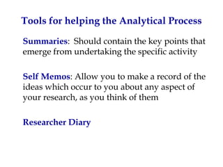 Tools for helping the Analytical Process

Summaries: Should contain the key points that
emerge from undertaking the specific activity

Self Memos: Allow you to make a record of the
ideas which occur to you about any aspect of
your research, as you think of them

Researcher Diary
 