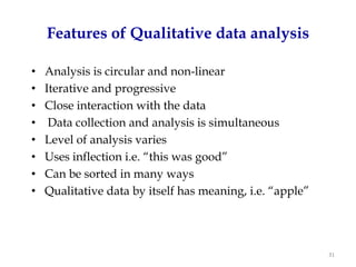 Features of Qualitative data analysis

•   Analysis is circular and non-linear
•   Iterative and progressive
•   Close int...