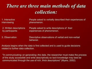 There are three main methods of dataThere are three main methods of data
collection:collection:
1. Interactive1. Interactive
interviewinginterviewing
People asked to verbally described their experiences ofPeople asked to verbally described their experiences of
phenomenon.phenomenon.
2. Written descriptions2. Written descriptions
by participantsby participants
People asked to write descriptions of theirPeople asked to write descriptions of their
experiences of phenomenon.experiences of phenomenon.
3. Observation3. Observation Descriptive observations of verbal and non-verbalDescriptive observations of verbal and non-verbal
behavior.behavior.
Analysis begins when the data is first collected and is used to guide decisionsAnalysis begins when the data is first collected and is used to guide decisions
related to further data collection.related to further data collection.
"In communicating--or generating--the data, the researcher must make the process"In communicating--or generating--the data, the researcher must make the process
of the study accessible and write descriptively so tacit knowledge may best beof the study accessible and write descriptively so tacit knowledge may best be
communicated through the use of rich, thick descriptions" (Myers, 2002).communicated through the use of rich, thick descriptions" (Myers, 2002).
 