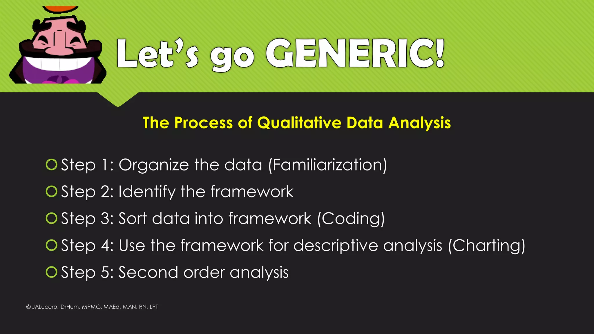 The Process of Qualitative Data Analysis
Step 1: Organize the data (Familiarization)
Step 2: Identify the framework
Step 3: Sort data into framework (Coding)
Step 4: Use the framework for descriptive analysis (Charting)
Step 5: Second order analysis
© JALucero, DrHum, MPMG, MAEd, MAN, RN, LPT
 