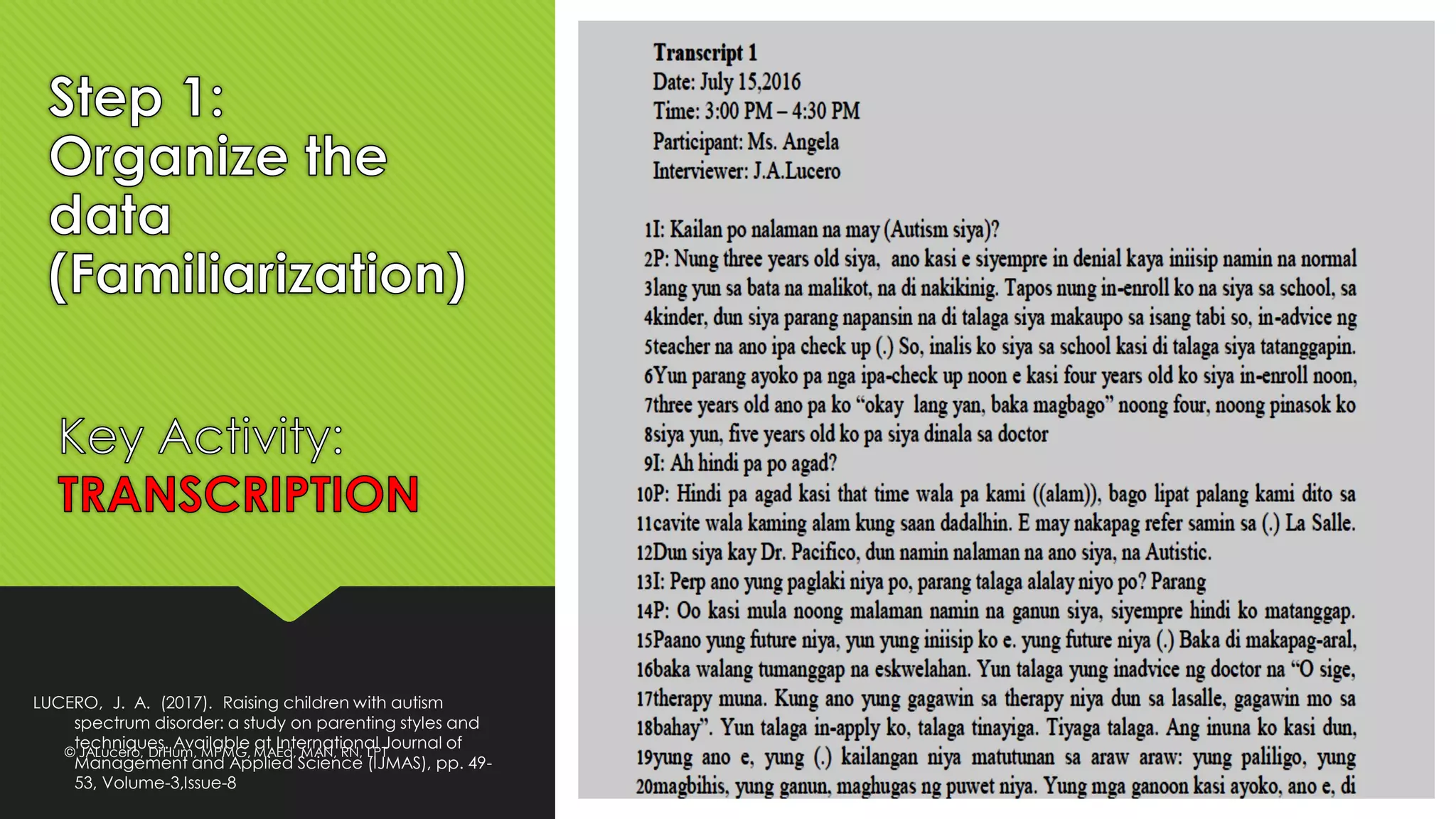 LUCERO, J. A. (2017). Raising children with autism
spectrum disorder: a study on parenting styles and
techniques. Available at International Journal of
Management and Applied Science (IJMAS), pp. 49-
53, Volume-3,Issue-8
© JALucero, DrHum, MPMG, MAEd, MAN, RN, LPT
 