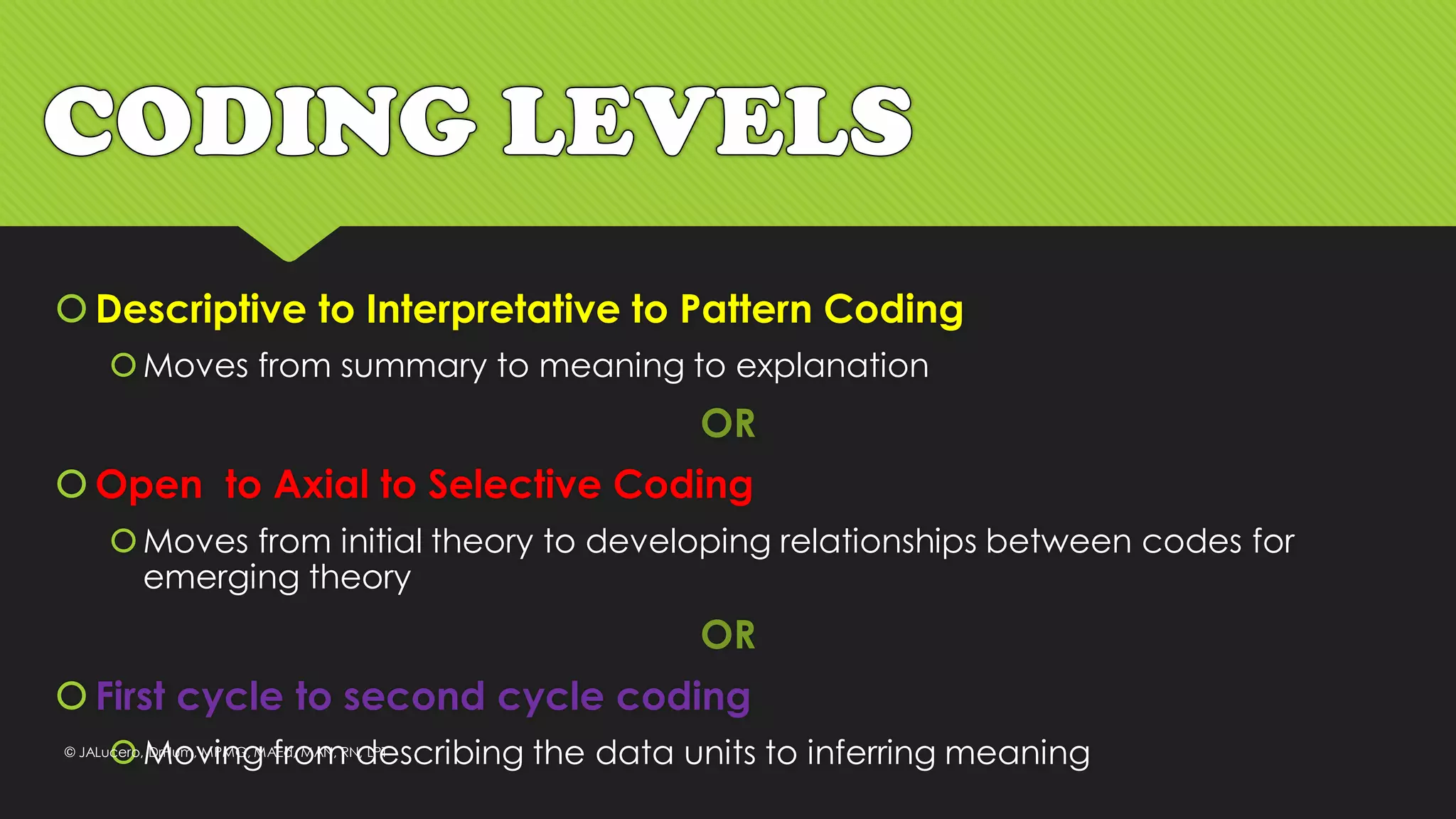 Descriptive to Interpretative to Pattern Coding
Moves from summary to meaning to explanation
OR
Open to Axial to Selective Coding
Moves from initial theory to developing relationships between codes for
emerging theory
OR
First cycle to second cycle coding
Moving from describing the data units to inferring meaning© JALucero, DrHum, MPMG, MAEd, MAN, RN, LPT
 