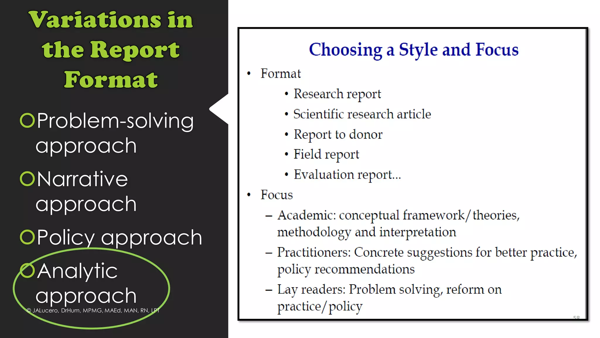 Problem-solving
approach
Narrative
approach
Policy approach
Analytic
approach© JALucero, DrHum, MPMG, MAEd, MAN, RN, LPT
 