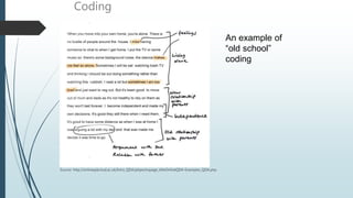 Coding
Source: http://onlineqda.hud.ac.uk/Intro_QDA/phpechopage_titleOnlineQDA-Examples_QDA.php
An example of
“old school”
coding
 