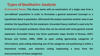 Types of Qualitative Analysis
5) Grounded Theory: This theory starts with an examination of a single case from a
‘pre-defined’ population in order to formulate a general statement (concept or a
hypothesis) about a population. Afterwards the analyst examines another case to see
whether the hypothesis fits the statement. Grounded theory method is used only for
limited set of analytic problems: those that can be solved with some general overall
statement. Grounded theory has three systematic steps (Corbin & Strauss, 2007;
Strauss and Corbin, 1990, 1998) as open coding (generating categories of
information), axial coding (selecting one of the categories and positioning it within a
theoretical model), and selective coding (explicating a story from the
interconnection of these categories)
 