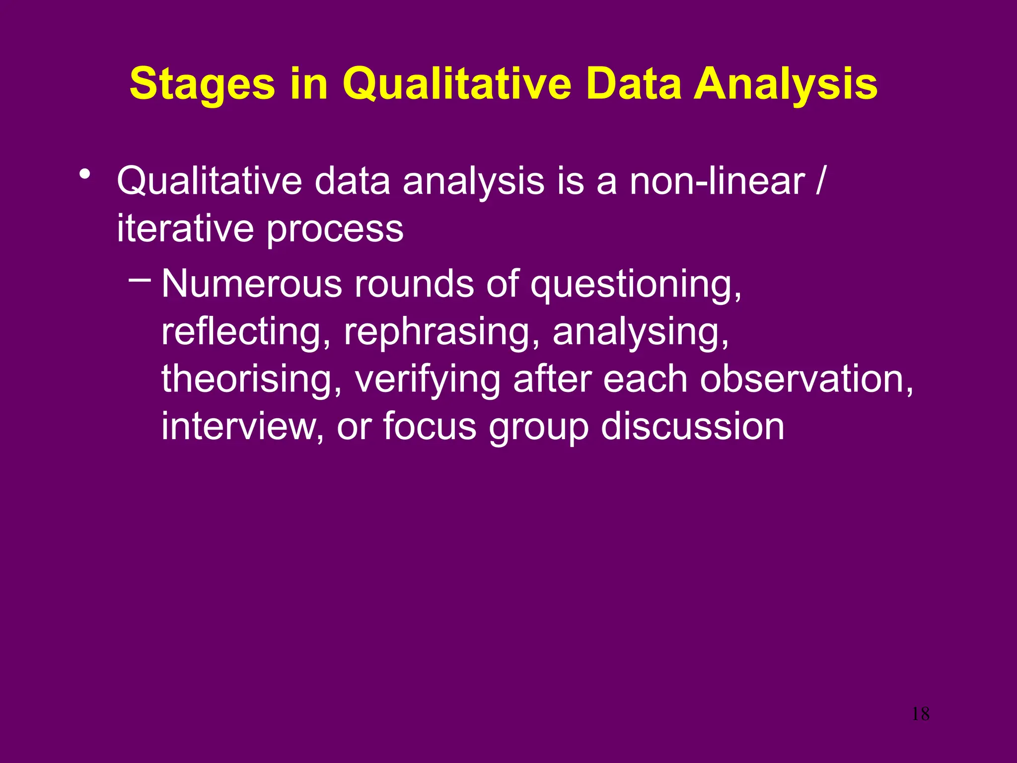 Stages in Qualitative Data Analysis
• Qualitative data analysis is a non-linear /
iterative process
– Numerous rounds of questioning,
reflecting, rephrasing, analysing,
theorising, verifying after each observation,
interview, or focus group discussion
18
 