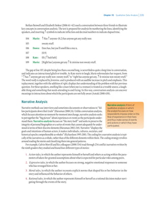 Chapter 10   Qualitative Data Analysis 339
BethanBenwellandElizabethStokoe(2006:61–62)usedaconversationbetweenthreefriendstoillustrate
keyconceptsinconversationanalysis.Thetextispreparedforanalysisbynumberingthelines,identifyingthe
speakers,andinserting↑symbolstoindicateinflectionanddecimalnumberstoindicateelapsedtime.
104	 Marie:	 ↑Has↑anyone-(0.2)hasanyonegotanyreallynon:
105		 sweatystuff.
106	 Dawn:	 Davehas,butyou’llsmelllikeama:n,
107		 (0.9)
108	 Kate:	 Eh[↑huhheh]
109	 Marie:	 [Righthas]anyonegotany↑fe:mininenonsweatystuff.
Thegapatline107,despitebeinglessthanasecondlong,isneverthelessquitealongtimeinconversation,
andindicatesaninteractionalglitchortrouble.AsKatestartstolaugh,Mariereformulatesherrequest,from
“↑has↑anyonegotanyreallynon:sweatystuff,”to“righthasanyonegotany,↑fe:mininenonsweatystuff.”
Thewordreallyisreplacedbyfeminine,andisproducedwithanaudibleincreaseinpitchandemphasis.This
replacement,togetherwiththeadditionofright,displaysherunderstandingoftheproblemwithherprevious
question.Forthesespeakers,smellinglikeaman(whenoneisawoman)istreatedasatroublesource,alaugh-
ablethingandsomethingthatneedsattendingtoandfixing.Inthisway,conversationanalysiscanuncover
meaningsininteractionsaboutwhichtheparticipantsarenotfullyaware(Antaki2008:438).
Narrative Analysis
Narrativemethodsuseinterviewsandsometimesdocumentsorobservationsto“fol-
lowparticipantsdowntheirtrails”(Riessman2008:24).Unlikeconversationanalysis,
whichfocusesattentiononmoment-by-momentinterchange,narrativeanalysisseeks
toputtogetherthe“bigpicture”aboutexperiencesoreventsastheparticipantsunder-
standthem.Narrativeanalysisfocuseson“thestoryitself”andseekstopreservethe
integrityofpersonalbiographiesoraseriesofeventsthatcannotadequatelybeunder-
stoodintermsoftheirdiscreteelements(Riessman2002:218).Narrative“displaysthe
goalsandintentionsofhumanactors;itmakesindividuals,cultures,societies,and
historicalepochscomprehensibleaswholes”(Richardson1995:200).Thecodingforanarrativeanalysisistypi-
callyofthenarrativesasawhole,ratherthanofthedifferentelementswithinthem.Thecodingstrategyrevolves
aroundreadingthestoriesandclassifyingthemintogeneralpatterns.
Forexample,CalvinMorrillandhiscolleagues(2000:534)readthrough254conflictnarrativeswrittenby
theninthgraderstheystudiedandfoundfourdifferenttypesofstories:
1.	 Actiontales,inwhichtheauthorrepresentshimselforherselfandothersasactingwithinthepara­
metersoftaken-for-grantedassumptionsaboutwhatisexpectedforparticularrolesamongpeers.
2.	 Expressivetales,inwhichtheauthorfocusesonstrong,negativeemotionalresponsestosomeone
whohaswrongedhimorher.
3.	 Moral tales, in which the author recounts explicit norms that shaped his or her behavior in the
storyandinfluencedthebehaviorofothers.
4.	 Rationaltales,inwhichtheauthorrepresentshimselforherselfasarationaldecisionmakernavi-
gatingthroughtheeventsofthestory.
Narrative analysis A form of
qualitative analysis in which
the analyst focuses on how
respondents impose order on the
flow of experience in their lives
and thus make sense of events
and actions in which they have
participated.
 