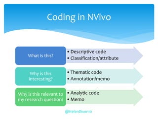 •Descriptive code
•Classification/attribute
What is this?
•Thematic code
•Annotation/memo
Why is this
interesting?
•Analytic code
•Memo
Why is this relevant to
my research question?
Coding in NVivo
@HelenDixon10
 