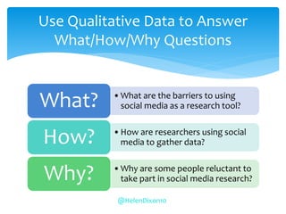 •What are the barriers to using
social media as a research tool?
What?
•How are researchers using social
media to gather data?
How?
•Why are some people reluctant to
take part in social media research?
Why?
Use Qualitative Data to Answer
What/How/Why Questions
@HelenDixon10
 