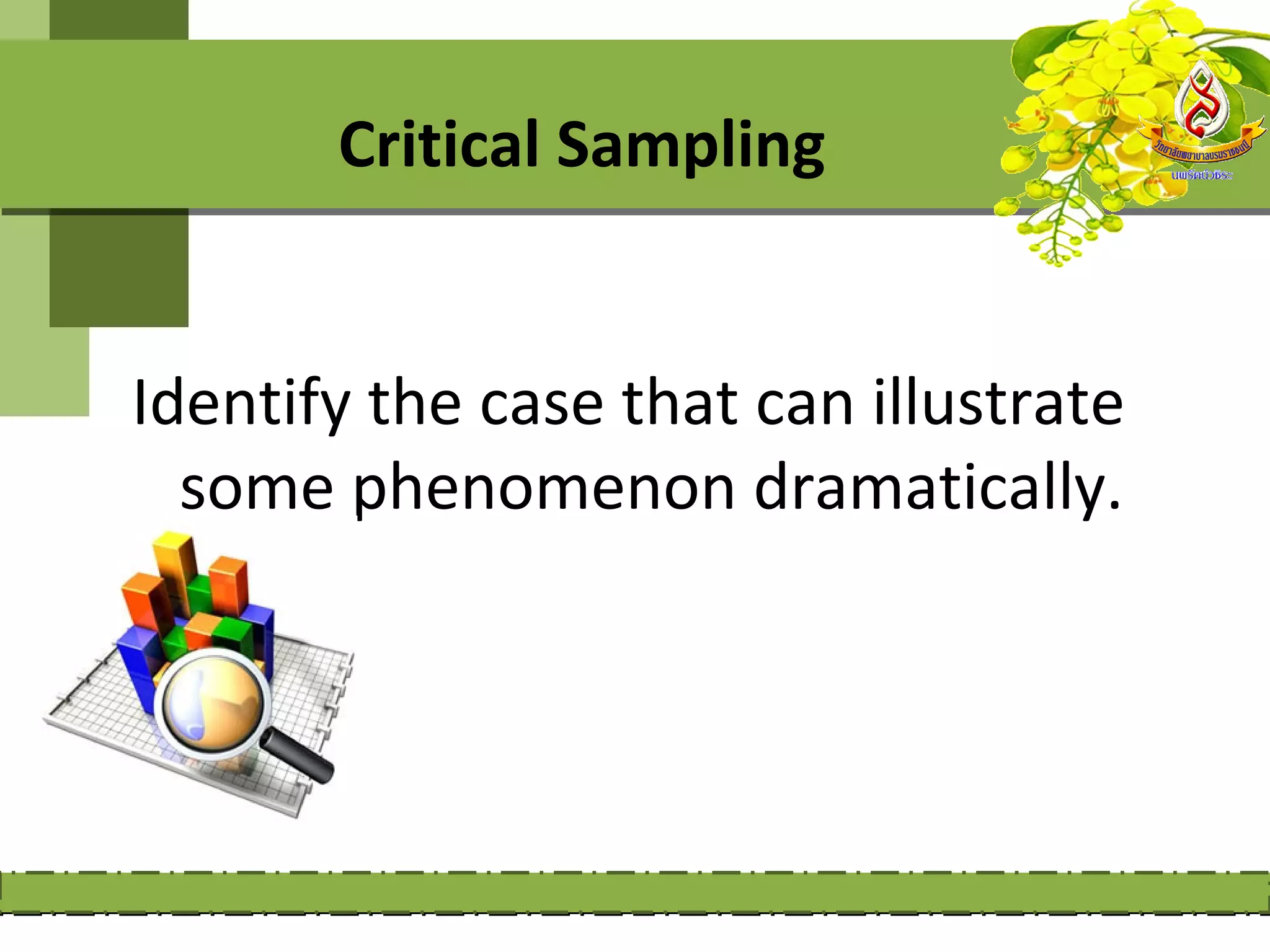 Critical Sampling


Identify the case that can illustrate
  some phenomenon dramatically.
 