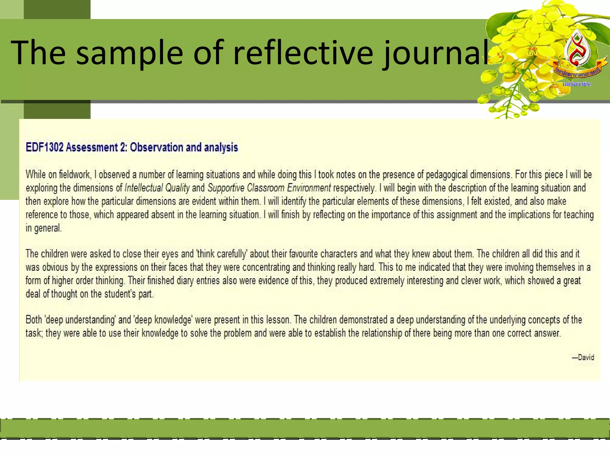 The sample of reflective journal
 