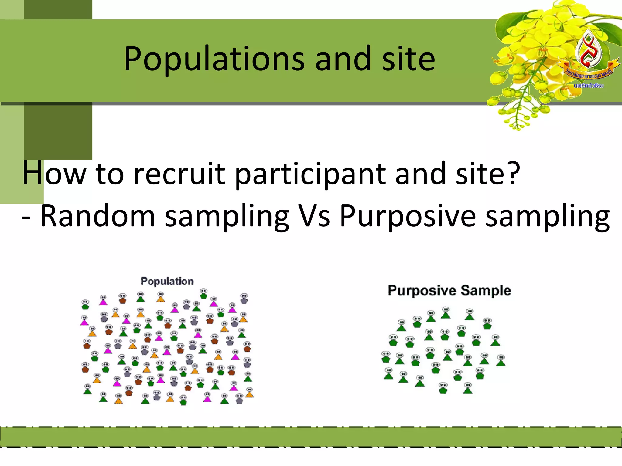 Populations and site


How to recruit participant and site?
- Random sampling Vs Purposive sampling
 