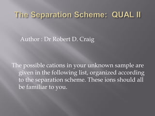 Author : Dr Robert D. Craig



The possible cations in your unknown sample are
  given in the following list, organized according
  to the separation scheme. These ions should all
  be familiar to you.
 