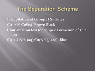 Precipitation of Group II Sulfides
Cu2+ + S2- CuS(s)- Brown Black
Confirmation test for copper: Formation of Cu2+
  ion
Cu2++ 4 NH3 (aq) Cu(NH3)42+ (aq)- Blue
 