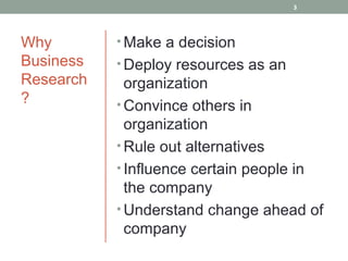 3




Why        • Make a decision
Business   • Deploy resources as an
Research     organization
?          • Convince others in
             organization
           • Rule out alternatives
           • Influence certain people in
             the company
           • Understand change ahead of
             company
 