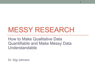 1




MESSY RESEARCH
How to Make Qualitative Data
Quantifiable and Make Messy Data
Understandable

Dr. Gigi Johnson
 