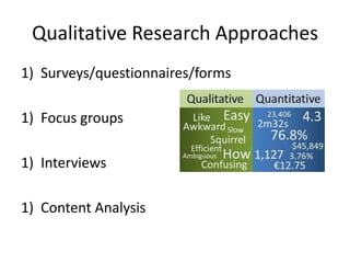 Qualitative Research Approaches
1) Surveys/questionnaires/forms
1) Focus groups
1) Interviews

1) Content Analysis

 