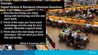 Example:
Digital Visitors & Residents Informant Questions
1. Describe the things you enjoy
doing with technology and the web
each week.
2. Think of the ways you have used
technology and the web for your
studies. Describe a typical week.
3. Think about the next stage of your
education. Tell me what you think
this will be like.
(White & Connaway, 2011)
Image: https://pixabay.com/photos/library-la-trobe-study-students-1400313/ by Andrew Tan / Pixabay License
 