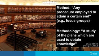 Method: “Any
procedure employed to
attain a certain end”
(e.g., focus groups)
Methodology: “A study
of the plans which are
used to obtain
knowledge” (Runes, 2001, 346)
(Polkinghorne, 1983, 5)
Image: https://pixabay.com/photos/books-students-library-university-1281581/ by Pexels / Pixabay license
 
