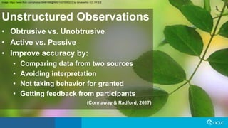 Unstructured Observations
• Obtrusive vs. Unobtrusive
• Active vs. Passive
• Improve accuracy by:
• Comparing data from two sources
• Avoiding interpretation
• Not taking behavior for granted
• Getting feedback from participants
(Connaway & Radford, 2017)
Image: https://www.flickr.com/photos/28481088@N00/14270095212 by tanakawho / CC BY 2.0
 