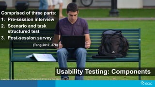 Usability Testing: Components
Comprised of three parts:
1. Pre-session interview
2. Scenario and task
structured test
3. Post-session survey
(Tang 2017, 278)
Image: https://www.flickr.com/photos/78428166@N00/8120708019/ by Tony Alter / CC BY 2.0
 