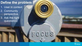 1. User in context
2. Community
perspective
3. Ask the right
question(s)
Define the problem
Image: https://www.flickr.com/photos/iain/13298441884 by Iain Farrell / CC BY-ND 2.0
 