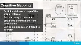 Cognitive Mapping
• Participant draws a map of the
area of interest
• Fast and easy to conduct
• Small time commitment from
participants
• Can be ambiguous or difficult to
interpret
Image: https://www.flickr.com/photos/dutchsimba/15704925354 by Dutch Simba / CC BY-NC-ND 2.0
 