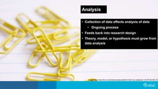 Analysis
• Collection of data affects analysis of data
• Ongoing process
• Feeds back into research design
• Theory, model, or hypothesis must grow from
data analysis
Image: https://www.flickr.com/photos/creatocrat/4423113441/ by creatocrat / CC BY-NC-ND 2.0
 