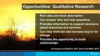 Opportunities: Qualitative Research
• Rich data and thick description
• Can answer why and how questions
• Provides information to support decisions
about resources and services
• Can help motivate and increase buy-in for
change
• Provides the opportunity to build
relationships
(Connaway and Radford, 2017; Asher and Miller, 2011)
Image: https://www.flickr.com/photos/dougww/2132598574 by Doug Waldron / CC BY-SA 2.0
 