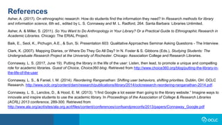 References
Asher, A. (2017). On ethnographic research: How do students find the information they need? In Research methods for library
and information science, 6th ed., edited by L. S. Connaway and M. L. Radford, 264. Santa Barbara: Libraries Unlimited.
Asher, A. & Miller, S. (2011). So You Want to Do Anthropology in Your Library? Or a Practical Guide to Ethnographic Research in
Academic Libraries. Chicago: The ERIAL Project.
Baik, E., Seol, K., Pichugin, A.E., & Sun, Si. Presentation 603: Qualitative Approaches Seminar Asking Questions - The Interview.
Clark, K. (2007). Mapping Diaries, or Where Do They Go All Day? In N. Foster & S. Gibbons (Eds.), Studying Students: The
Undergraduate Research Project at the University of Rochester. Chicago: Association College and Research Libraries.
Connaway, L. S. (2017, June 19). Putting the library in the life of the user: Listen, then lead, to promote a unique and compelling
role for academic libraries. Guest of Choice, Choice360 blog. Retrieved from http://www.choice360.org/blog/putting-the-library-in-
the-life-of-the-user
Connaway, L. S., & Faniel, I. M. (2014). Reordering Ranganathan: Shifting user behaviors, shifting priorities. Dublin, OH: OCLC
Research. http://www.oclc.org/content/dam/research/publications/library/2014/oclcresearch-reordering-ranganathan-2014.pdf.
Connaway, L. S., Lanclos, D., & Hood, E. M. (2013). “I find Google a lot easier than going to the library website.” Imagine ways to
innovate and inspire students to use the academic library. In Proceedings of the Association of College & Research Libraries
(ACRL) 2013 conference, 289-300. Retrieved from
http://www.ala.org/acrl/sites/ala.org.acrl/files/content/conferences/confsandpreconfs/2013/papers/Connaway_Google.pdf
 