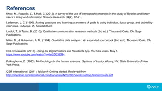 References
Khoo, M., Rozaklis, L., & Hall, C. (2012). A survey of the use of ethnographic methods in the study of libraries and library
users. Library and Information Science Research, 34(2), 82-91.
Lederman, L. C. (1996). Asking questions and listening to answers: A guide to using individual, focus group, and debriefing
interviews. Dubuque, IA: Kendall/Hunt.
Lindlof, T., & Taylor, B. (2010). Qualitative communication research methods (3rd ed.). Thousand Oaks, CA: Sage
Publications.
Miles, M., & Huberman, A. M. (1994). Qualitative data analysis: An expanded sourcebook (2nd ed.). Thousand Oaks, CA:
Sage Publications.
OCLC Research. (2016). Using the Digital Visitors and Residents App. YouTube video. May 5.
https://www.youtube.com/watch?v=6ai0ZO3lDR4.
Polkinghorne, D. (1983). Methodology for the human sciences: Systems of inquiry. Albany, NY: State University of New
York Press.
QSR International. (2011). NVivo 9: Getting started. Retrieved from
http://download.qsrinternational.com/Document/NVivo9/NVivo9-Getting-Started-Guide.pdf
 