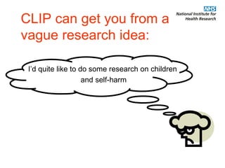CLIP can get you from a vague research idea: I’d quite like to do some research on children  and self-harm 