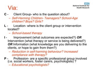 Via: C  - Client Group- who is the question about? Self-Harming Children- Teenagers? School-Age children? Boys? Girls? L  -  Location- where is the client group or intervention located? School-based therapy I  -  Improvement (what outcomes are expected?)  OR  Intervention (what therapy or service is being delivered?)  OR  Information (what knowledge are you delivering to the clients, or hope to gain from them?) Reduction in self-harming behaviour? Increased compliance with therapy? P  - Profession- are a specific professional group involved (i.e. social workers, foster carers, psychologists) ? Educational psychologists? 