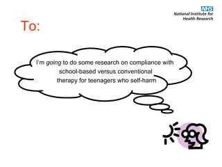 To: I’m  going  to do some research on compliance with  school-based versus conventional therapy for teenagers who self-harm 