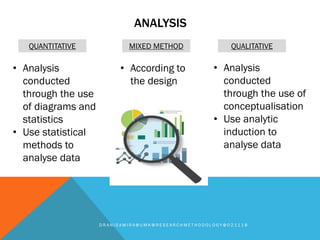 ANALYSIS
D R A N I S A M I R A @ U M K @ R E S E A R C H M E T H O D O L O G Y @ 0 2 1 1 1 8
QUANTITATIVE MIXED METHOD QUALITATIVE
• Analysis
conducted
through the use
of diagrams and
statistics
• Use statistical
methods to
analyse data
• According to
the design
• Analysis
conducted
through the use of
conceptualisation
• Use analytic
induction to
analyse data
 
