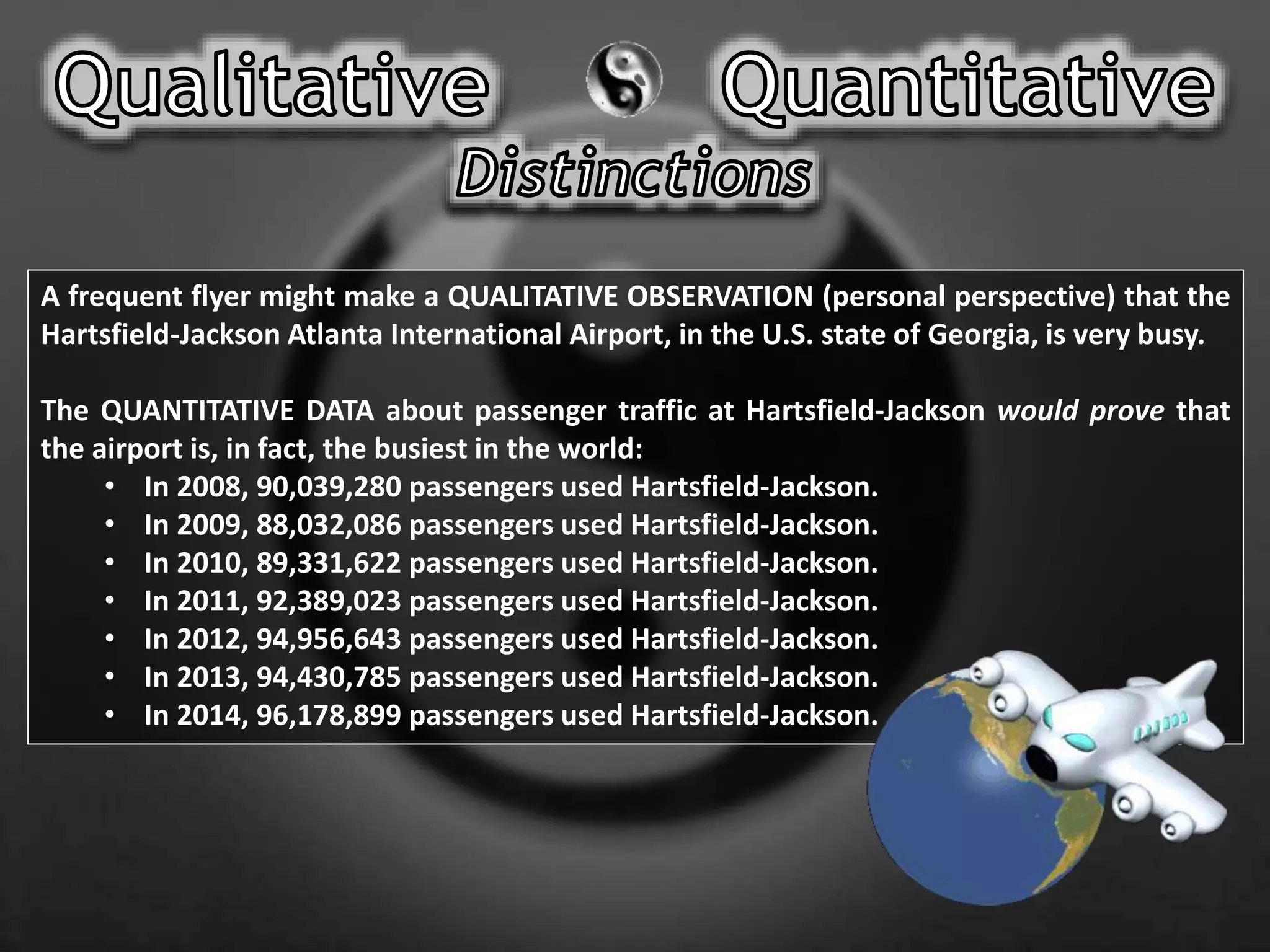 A frequent flyer might make a QUALITATIVE OBSERVATION (personal perspective) that the
Hartsfield-Jackson Atlanta International Airport, in the U.S. state of Georgia, is very busy.
The QUANTITATIVE DATA about passenger traffic at Hartsfield-Jackson would prove that
the airport is, in fact, the busiest in the world:
• In 2008, 90,039,280 passengers used Hartsfield-Jackson.
• In 2009, 88,032,086 passengers used Hartsfield-Jackson.
• In 2010, 89,331,622 passengers used Hartsfield-Jackson.
• In 2011, 92,389,023 passengers used Hartsfield-Jackson.
• In 2012, 94,956,643 passengers used Hartsfield-Jackson.
• In 2013, 94,430,785 passengers used Hartsfield-Jackson.
• In 2014, 96,178,899 passengers used Hartsfield-Jackson.
 